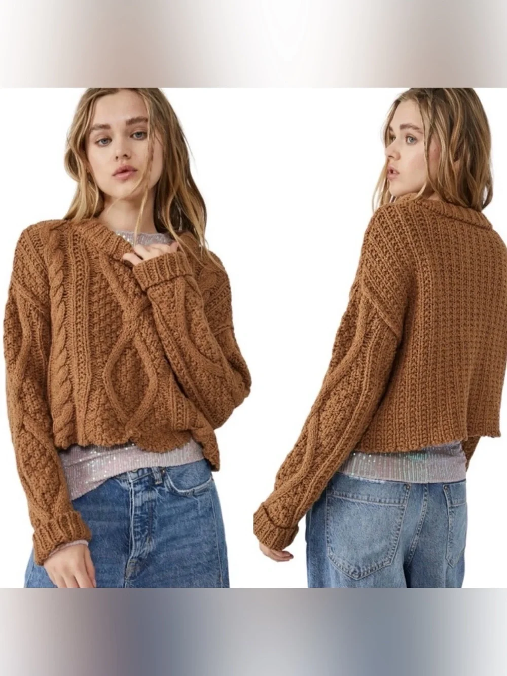 Free People Cutting Edge Oversized Crop Boho Cable Knit Sweater Brown Large